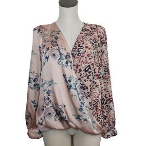 Honey Punch Mixed Print Floral Animal Surplice Wrap Blouse Long Sleeves Med